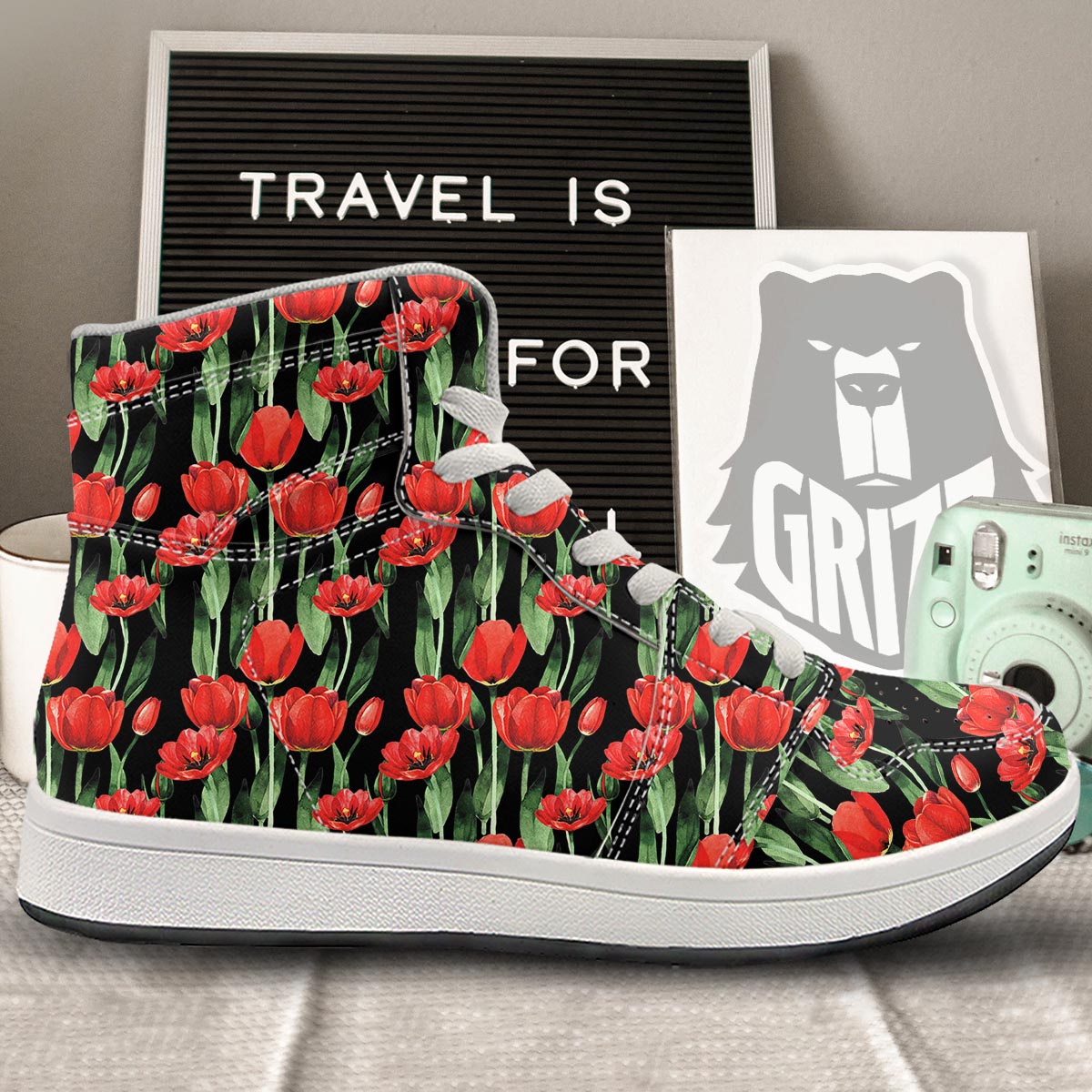 Tulip Red Watercolor Print Pattern High Top Sneakers-grizzshop