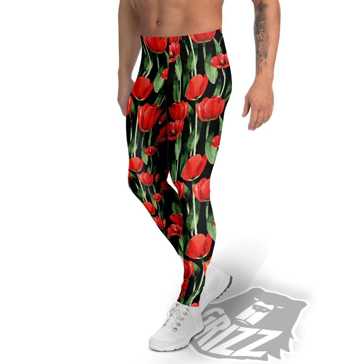 Tulip Red Watercolor Print Pattern Men's Leggings-grizzshop