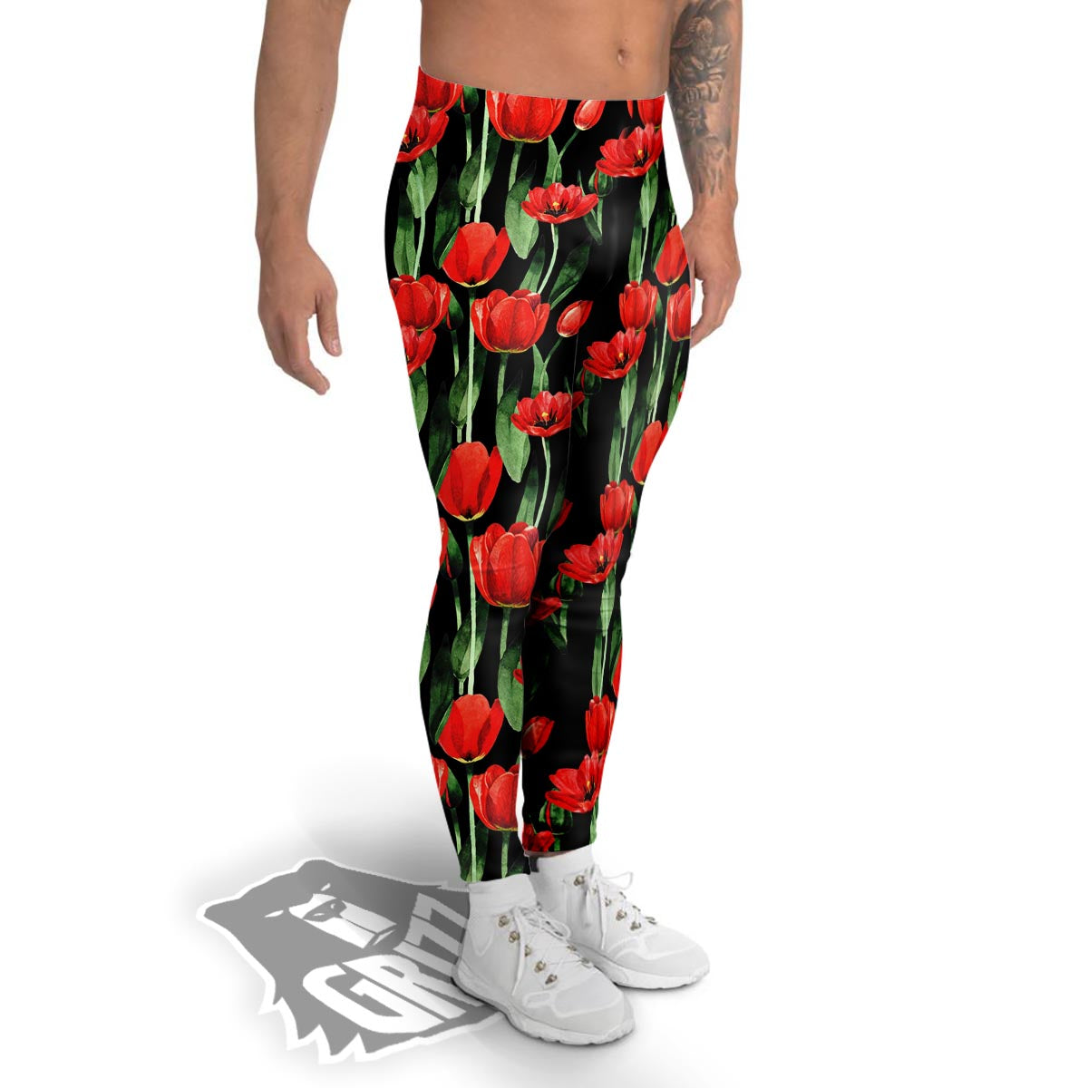 Tulip Red Watercolor Print Pattern Men's Leggings-grizzshop