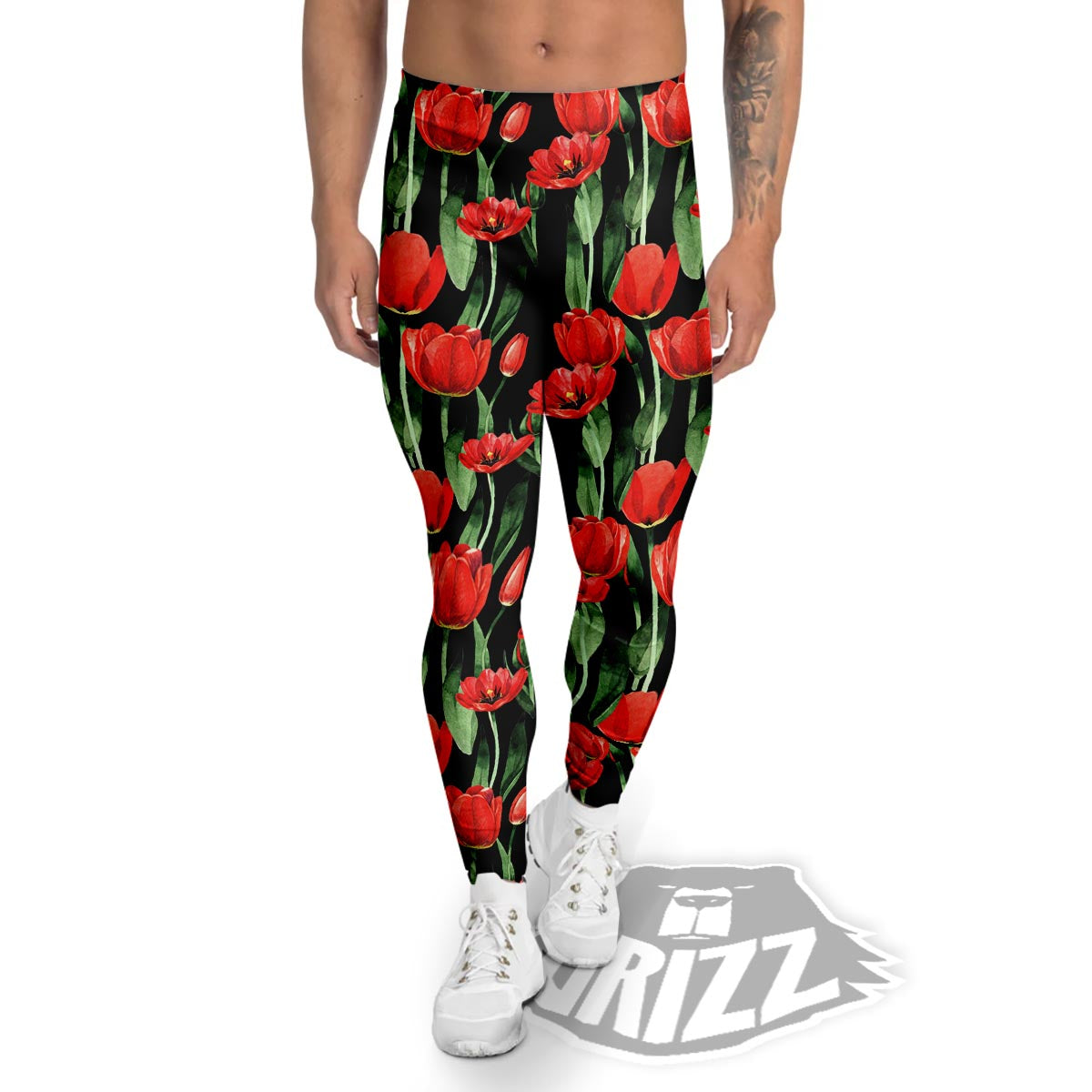 Tulip Red Watercolor Print Pattern Men's Leggings-grizzshop