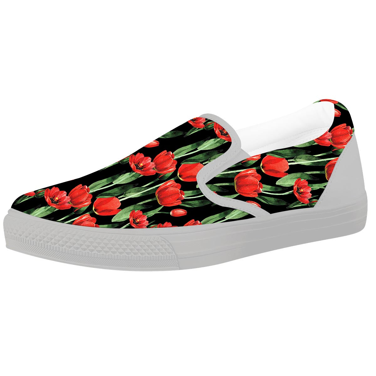 Tulip Red Watercolor Print Pattern White Slip On Shoes-grizzshop