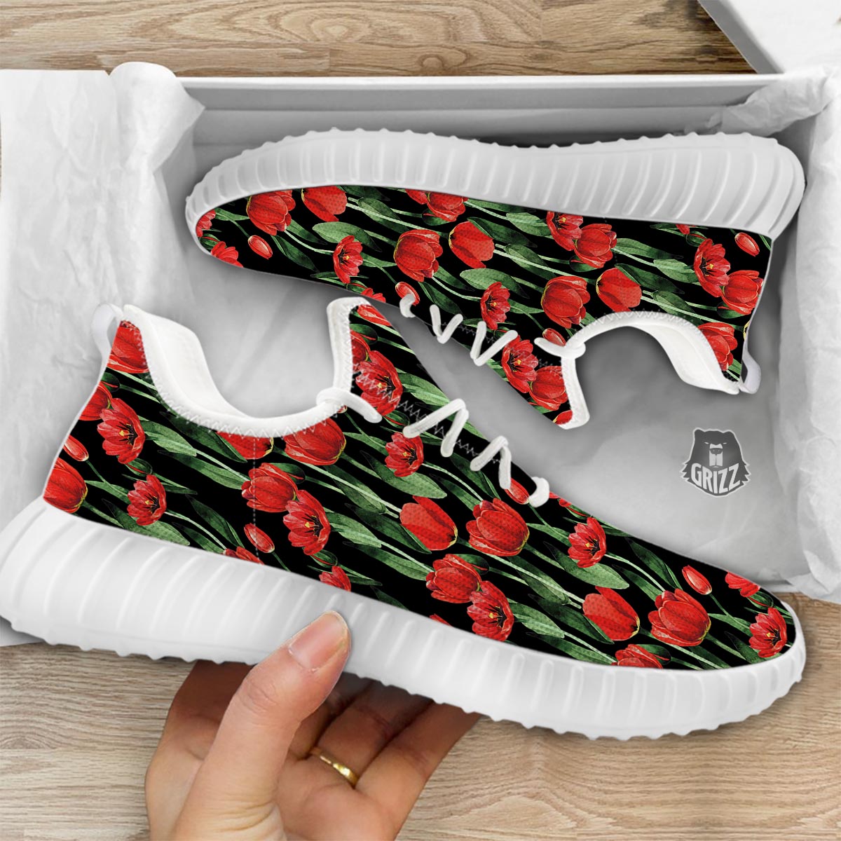 Tulip Red Watercolor Print Pattern White Walking Shoes-grizzshop