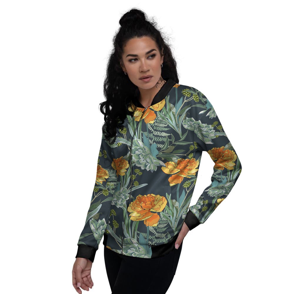 Tulip Spring Yellow Print Pattern Women's Bomber Jacket-grizzshop