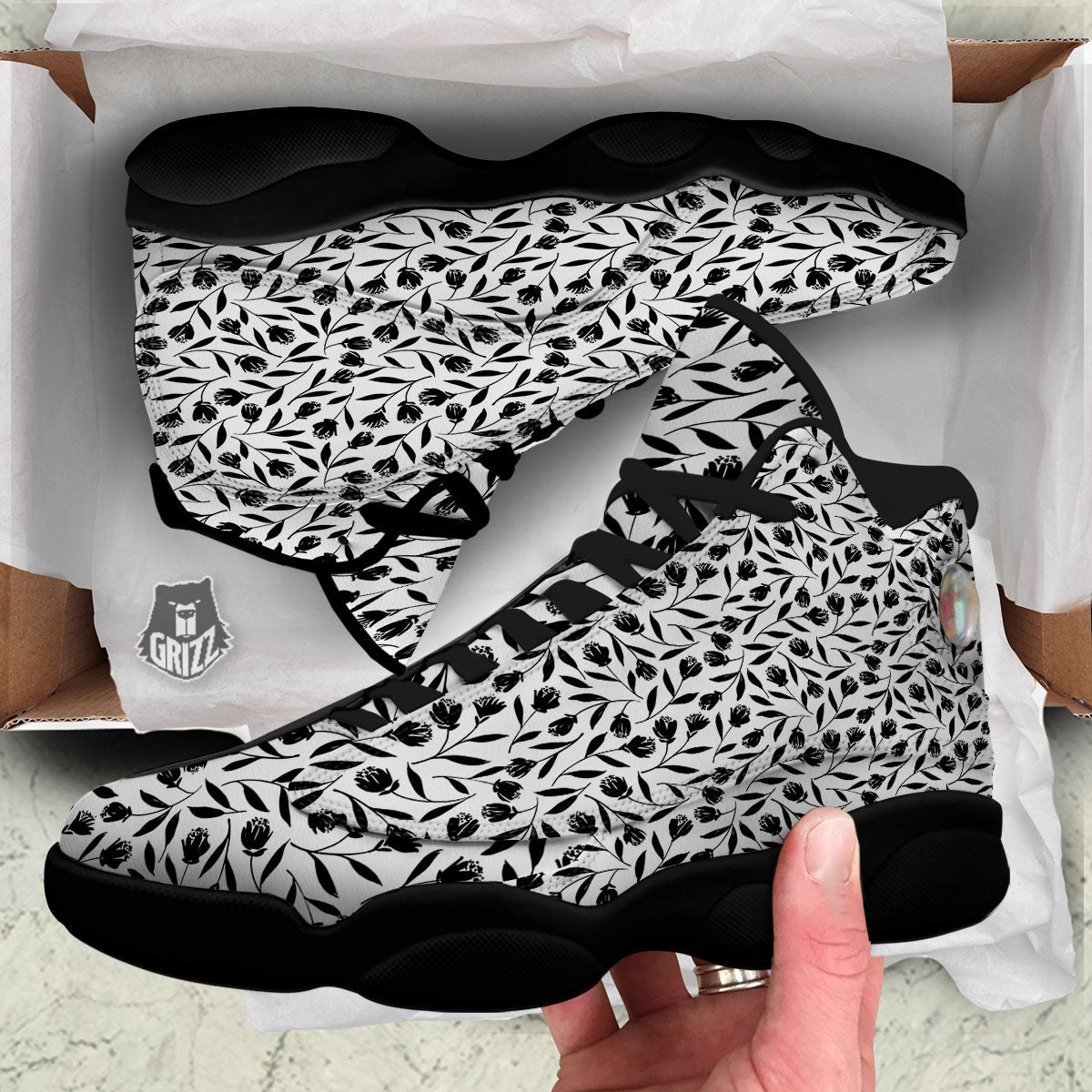 Tulip White And Black Print Pattern Black Basketball Shoes-grizzshop