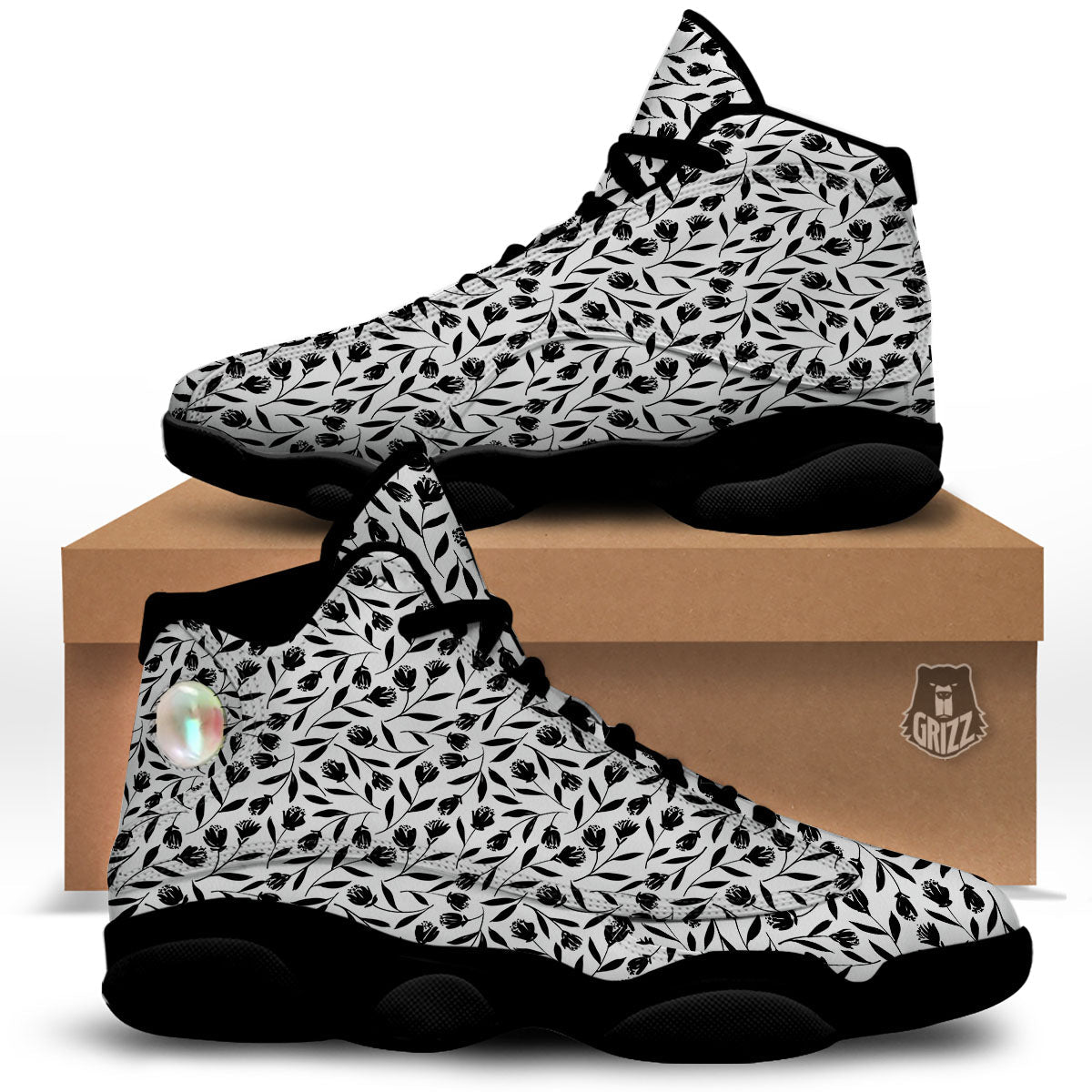 Tulip White And Black Print Pattern Black Basketball Shoes-grizzshop