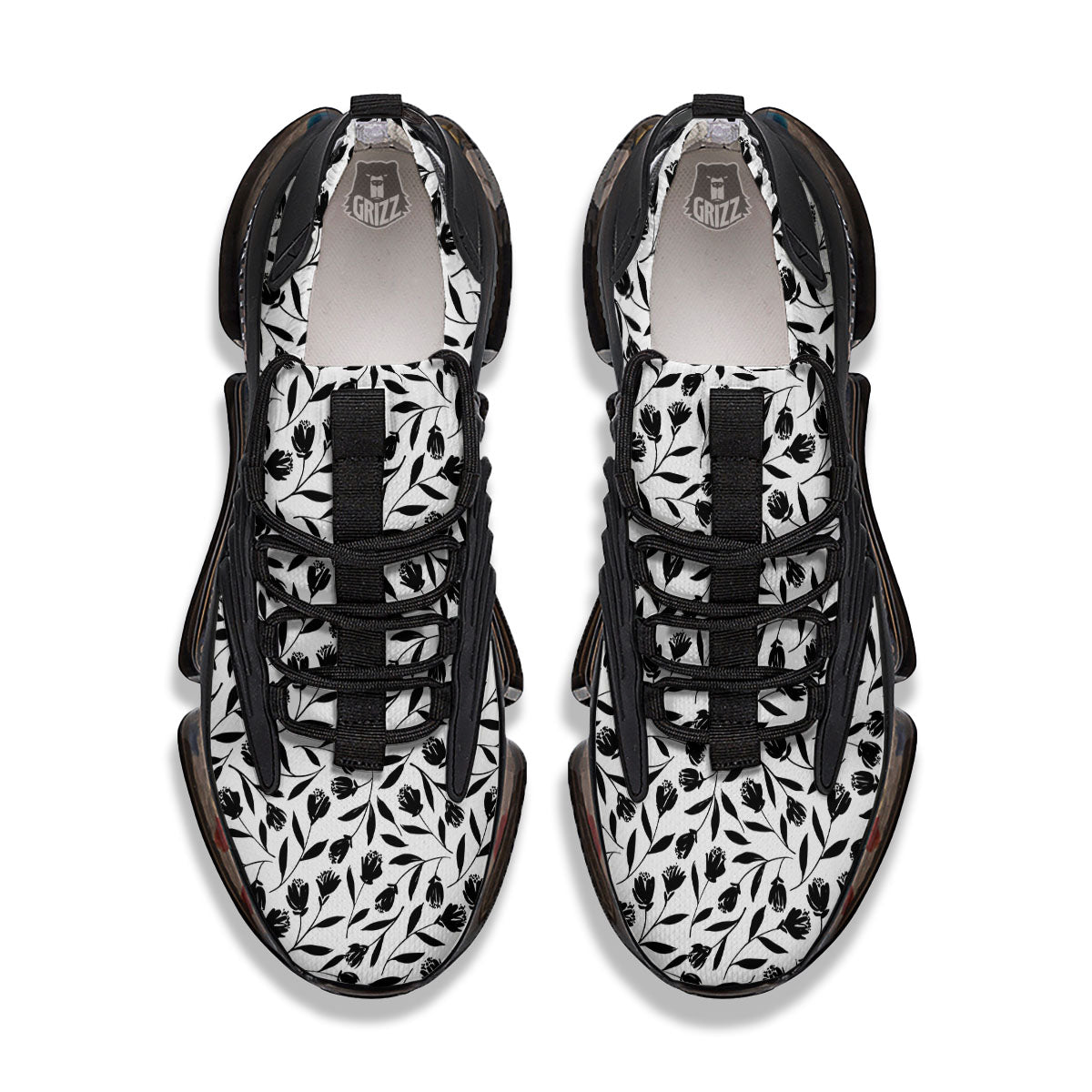Tulip White And Black Print Pattern Black Gym Shoes-grizzshop