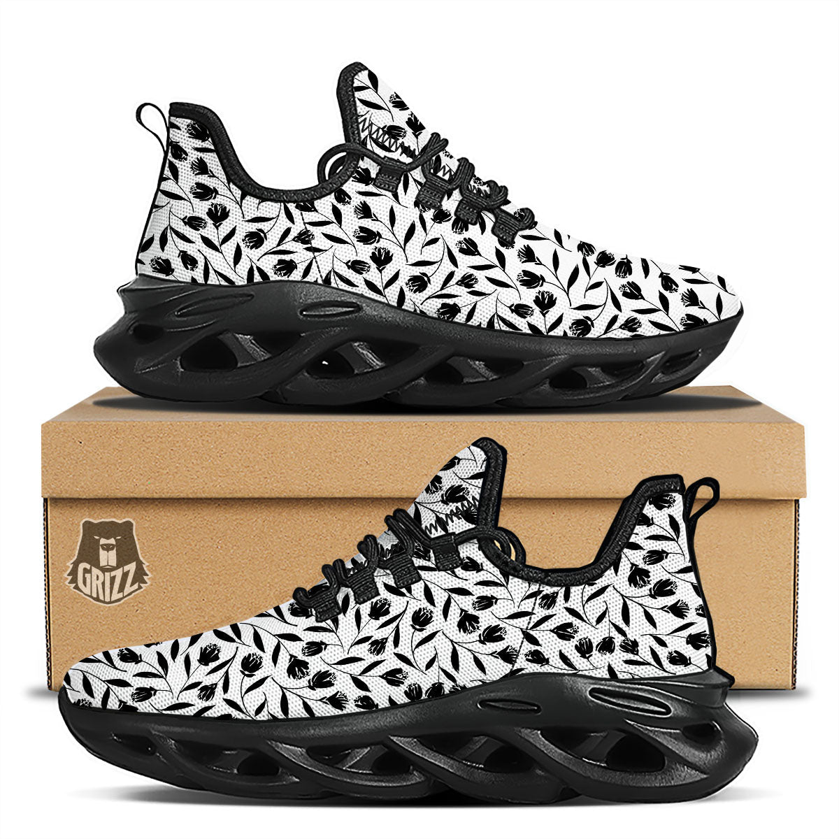 Tulip White And Black Print Pattern Black Running Shoes-grizzshop