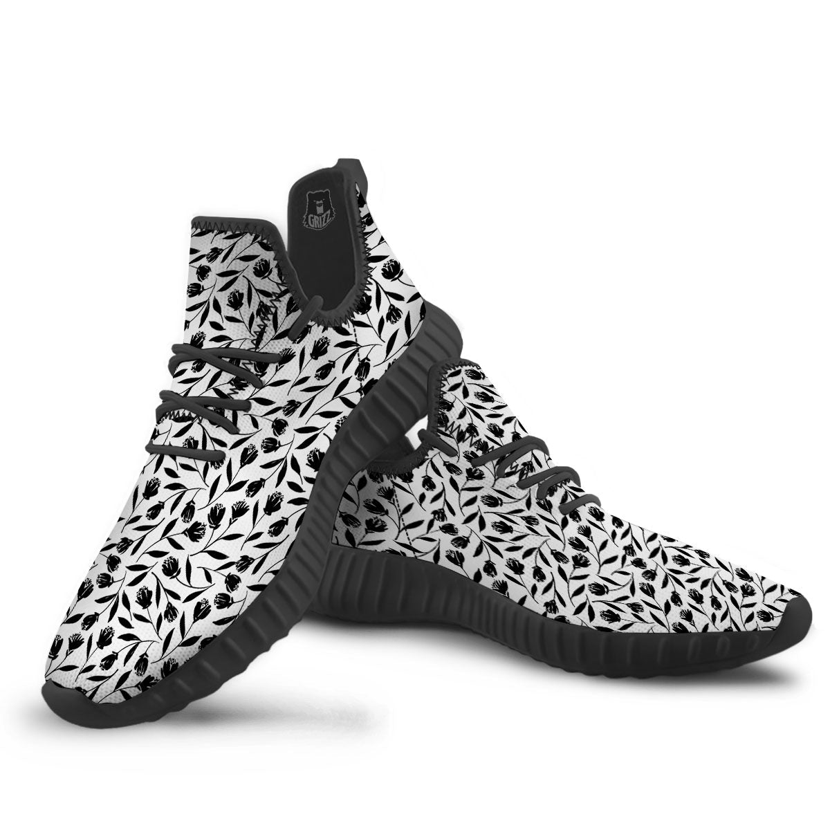 Tulip White And Black Print Pattern Black Walking Shoes-grizzshop