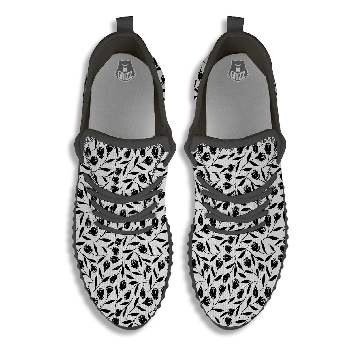 Tulip White And Black Print Pattern Black Walking Shoes-grizzshop