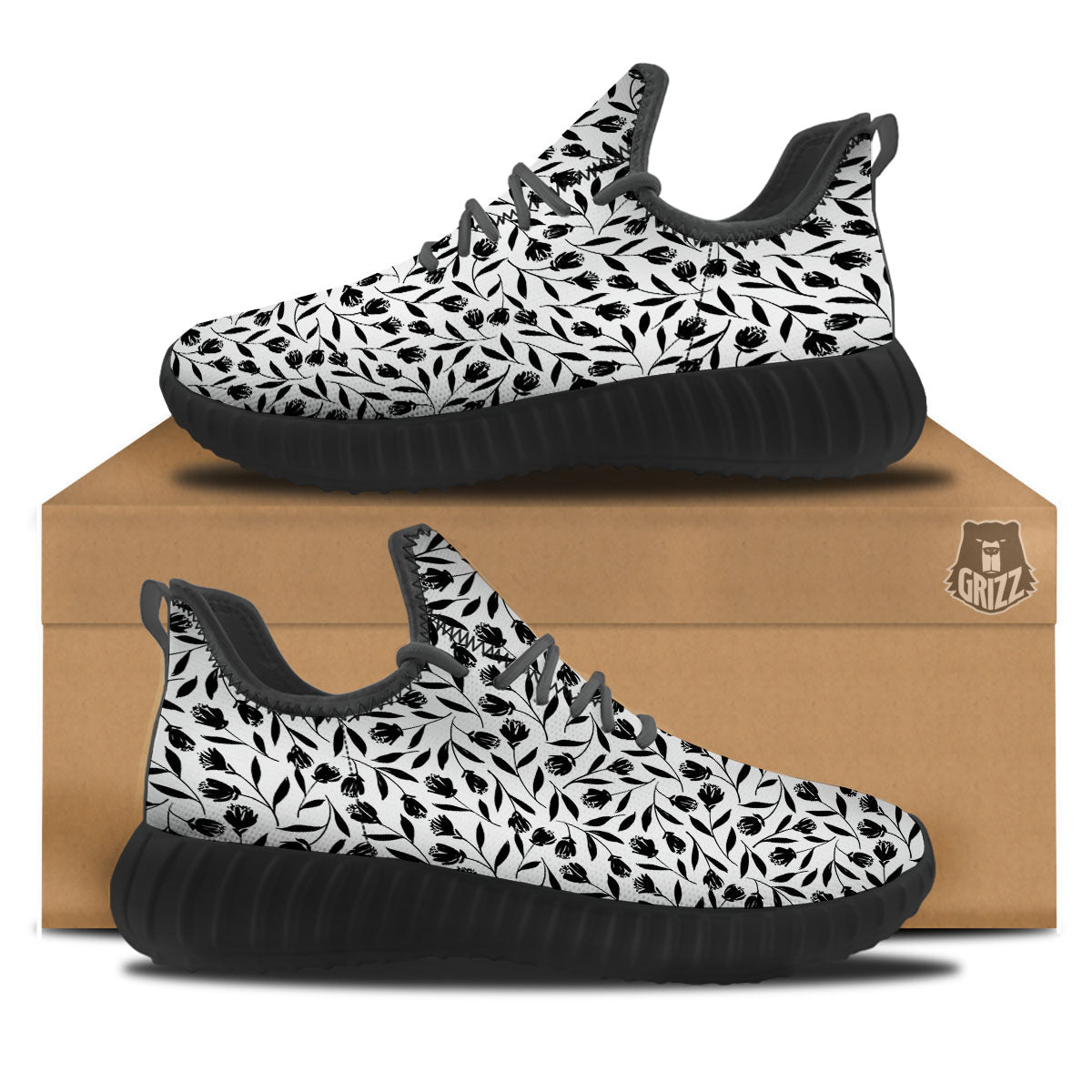 Tulip White And Black Print Pattern Black Walking Shoes-grizzshop