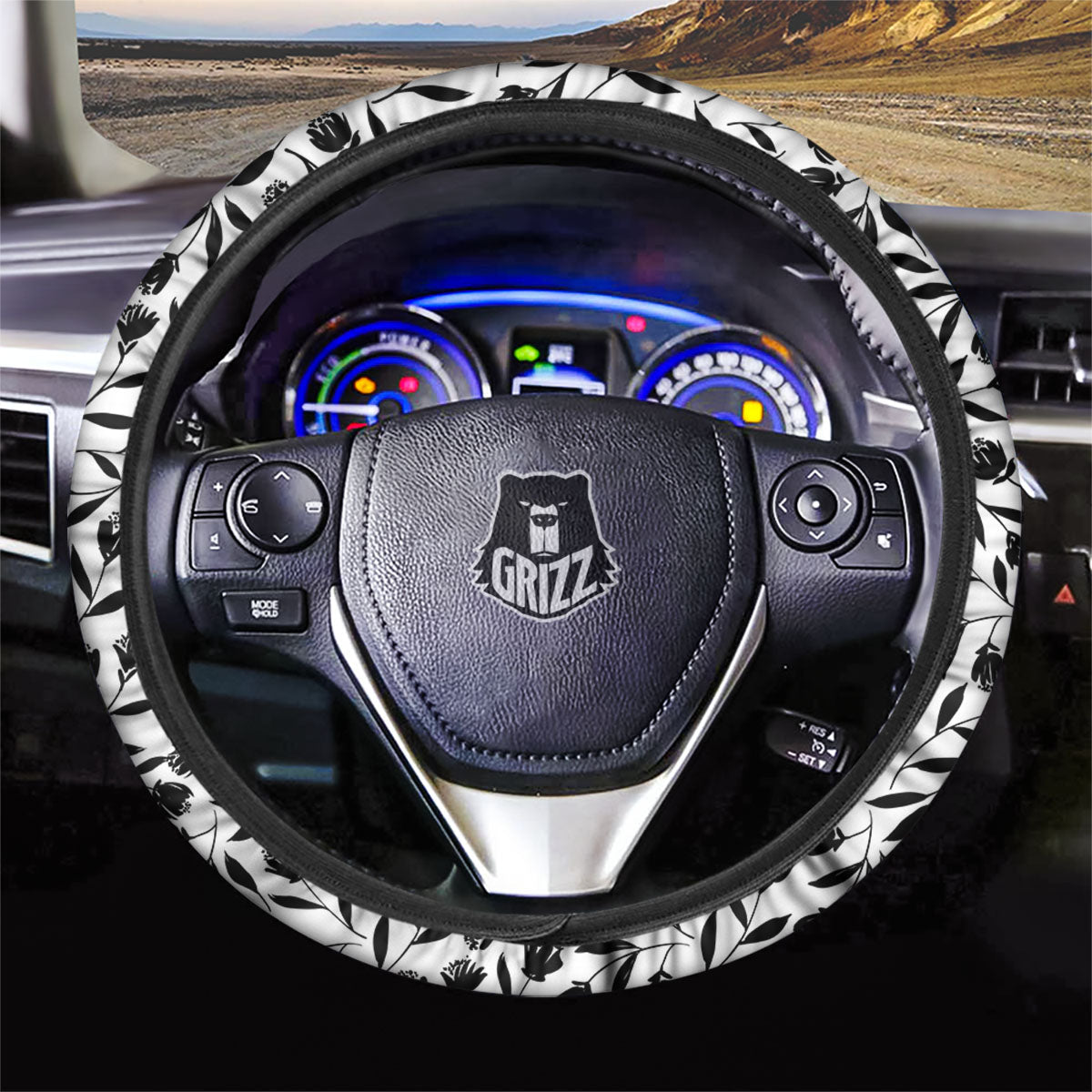 Tulip White And Black Print Pattern Car Steering Wheel Cover-grizzshop