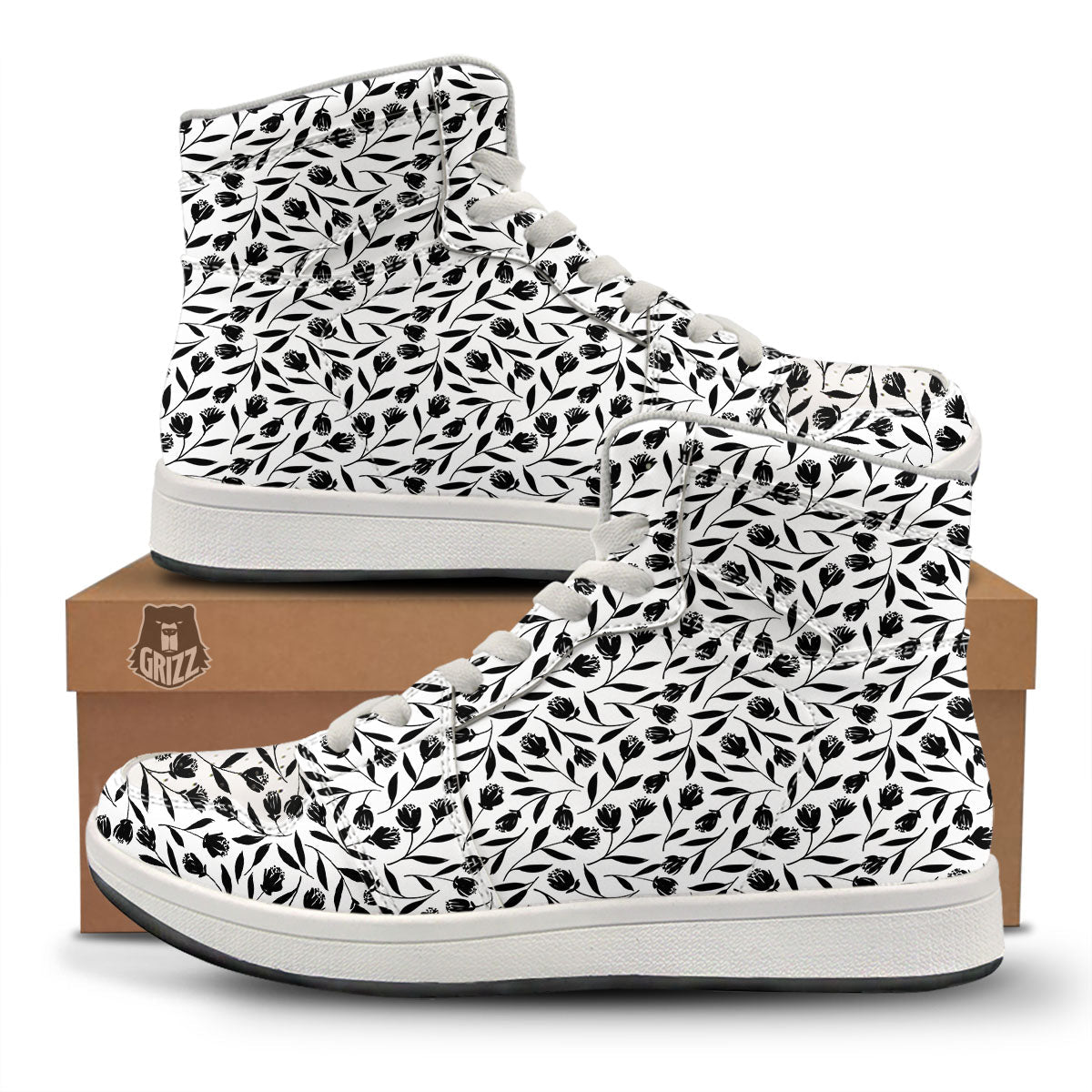 Tulip White And Black Print Pattern High Top Sneakers-grizzshop