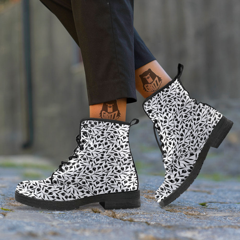 Tulip White And Black Print Pattern Leather Boots-grizzshop