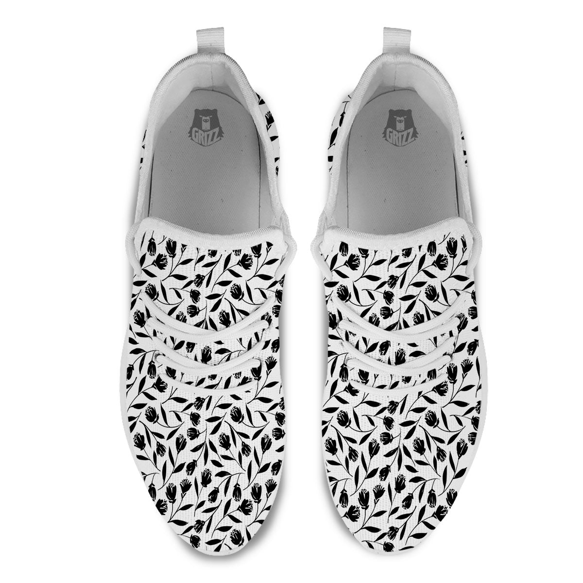 Tulip White And Black Print Pattern White Athletic Shoes-grizzshop
