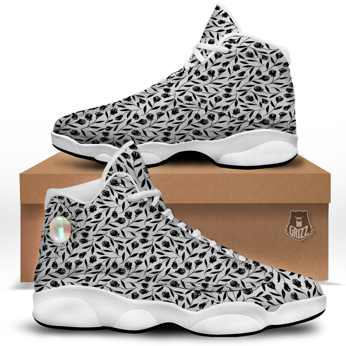 Tulip White And Black Print Pattern White Basketball Shoes-grizzshop