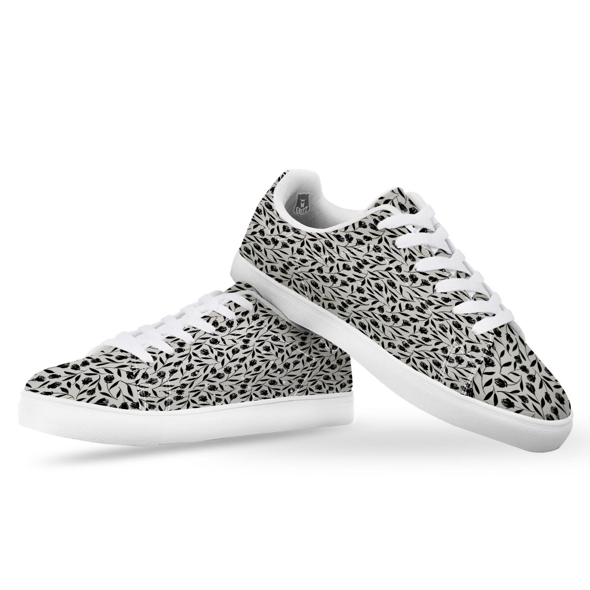 Tulip White And Black Print Pattern White Low Top Sneakers-grizzshop