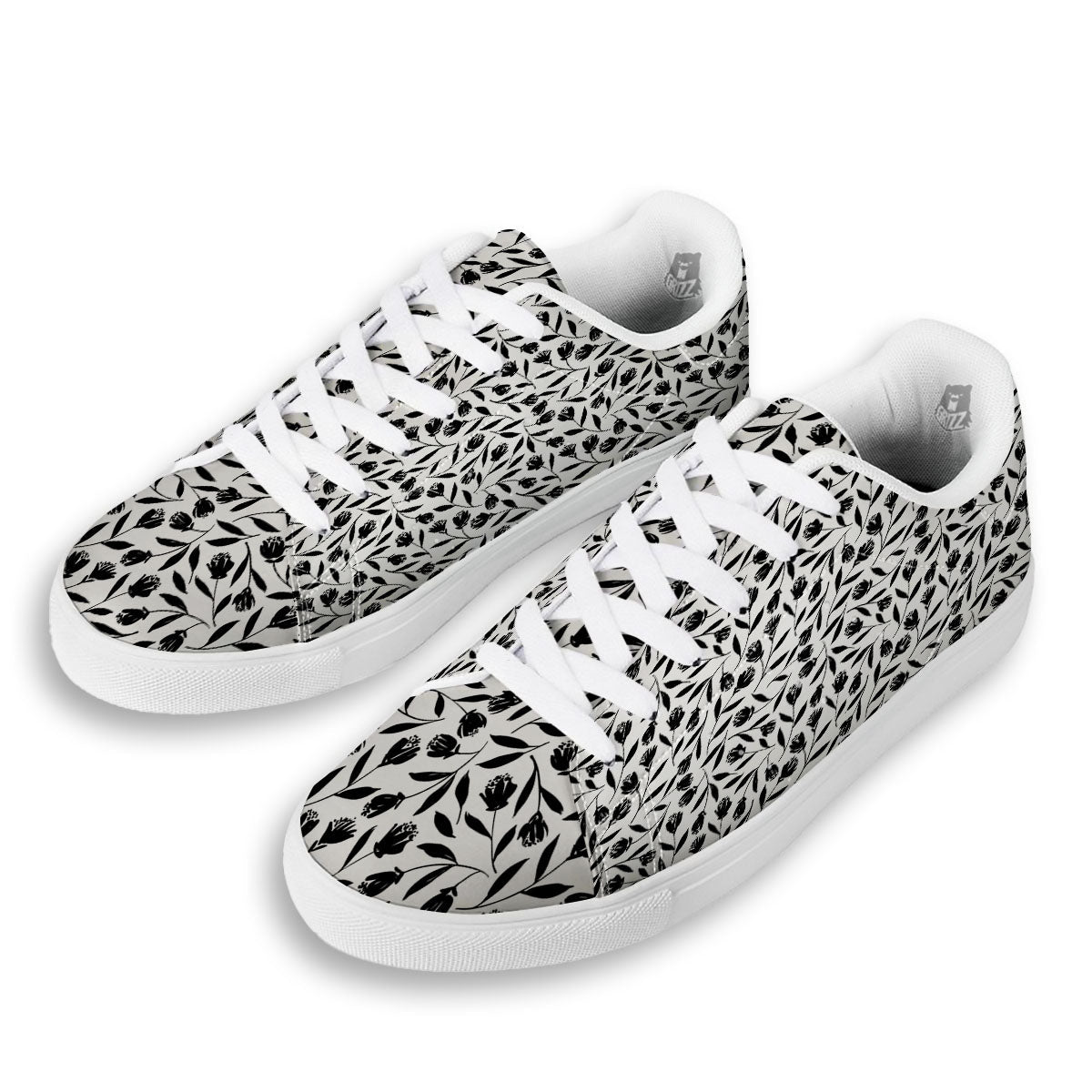Tulip White And Black Print Pattern White Low Top Sneakers-grizzshop