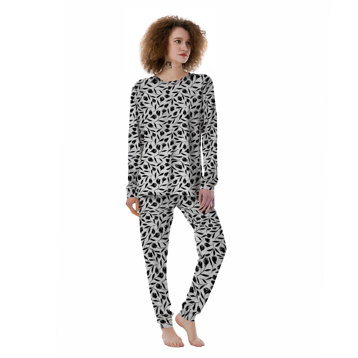 Tulip White And Black Print Pattern Women's Pajamas-grizzshop