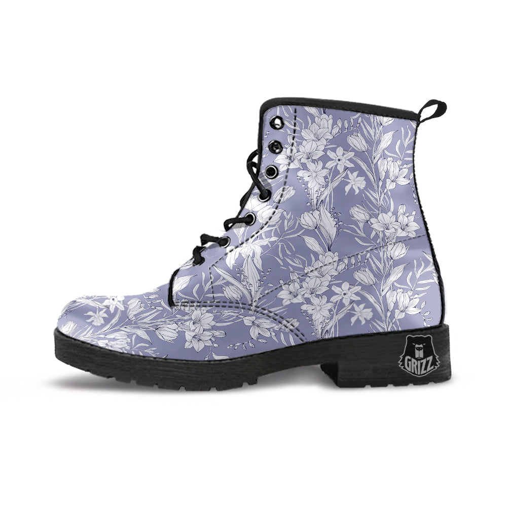 Tulip White Print Pattern Leather Boots-grizzshop