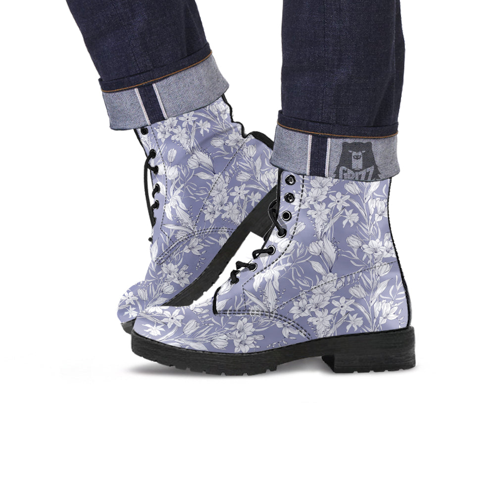 Tulip White Print Pattern Leather Boots-grizzshop