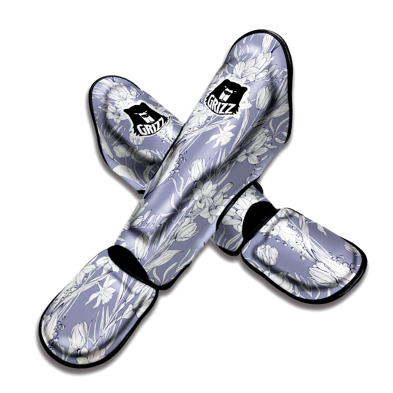 Tulip White Print Pattern Muay Thai Shin Guards-grizzshop