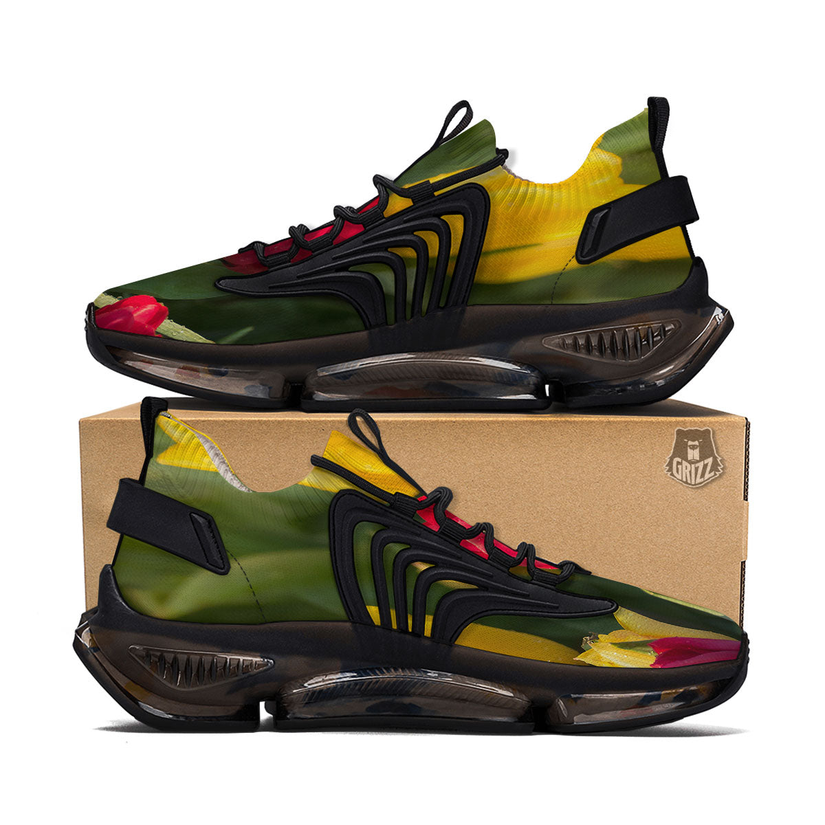 Tulip Yellow And Red Print Black Gym Shoes-grizzshop