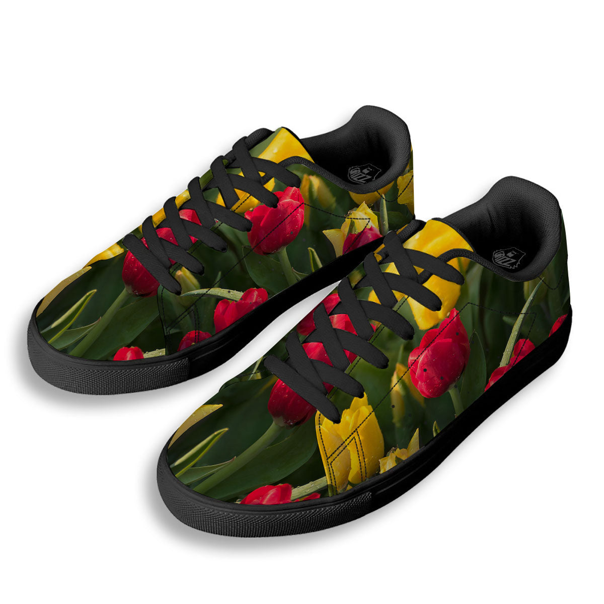 Tulip Yellow And Red Print Black Low Top Sneakers-grizzshop