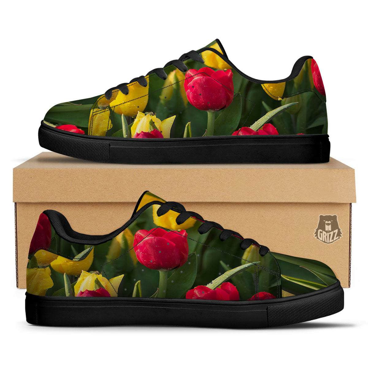 Tulip Yellow And Red Print Black Low Top Sneakers-grizzshop