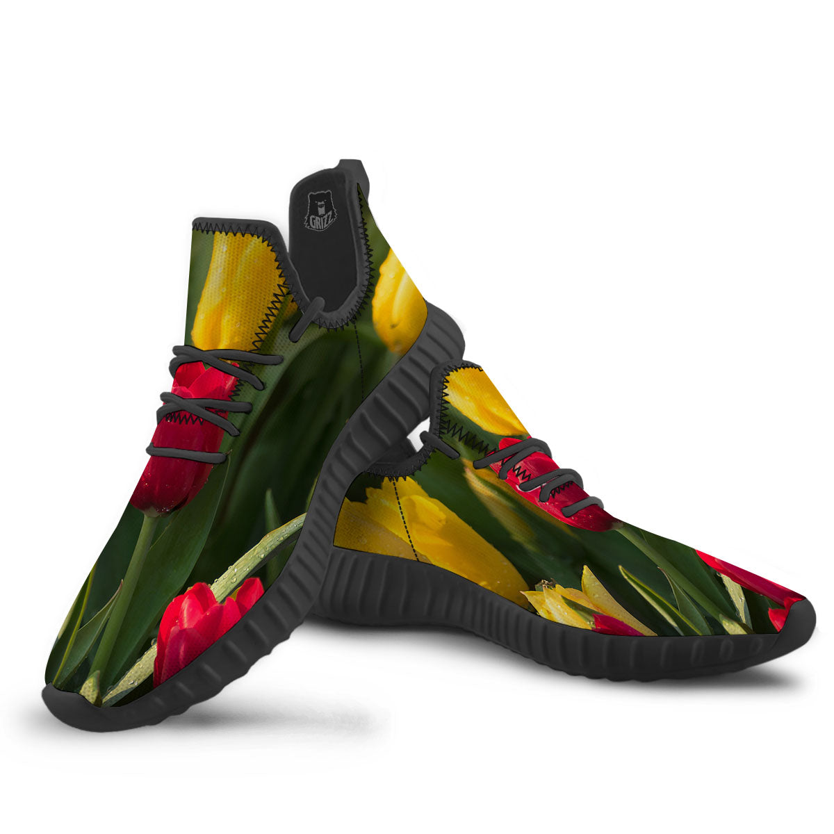 Tulip Yellow And Red Print Black Walking Shoes-grizzshop