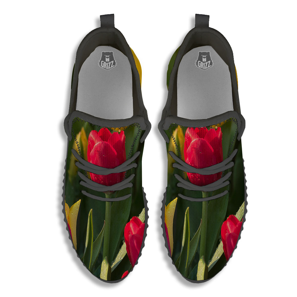 Tulip Yellow And Red Print Black Walking Shoes-grizzshop