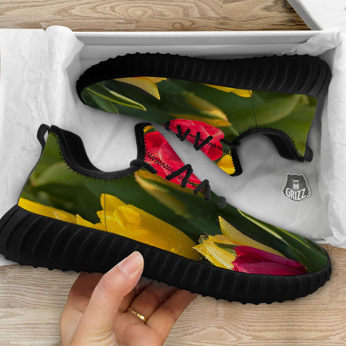 Tulip Yellow And Red Print Black Walking Shoes-grizzshop