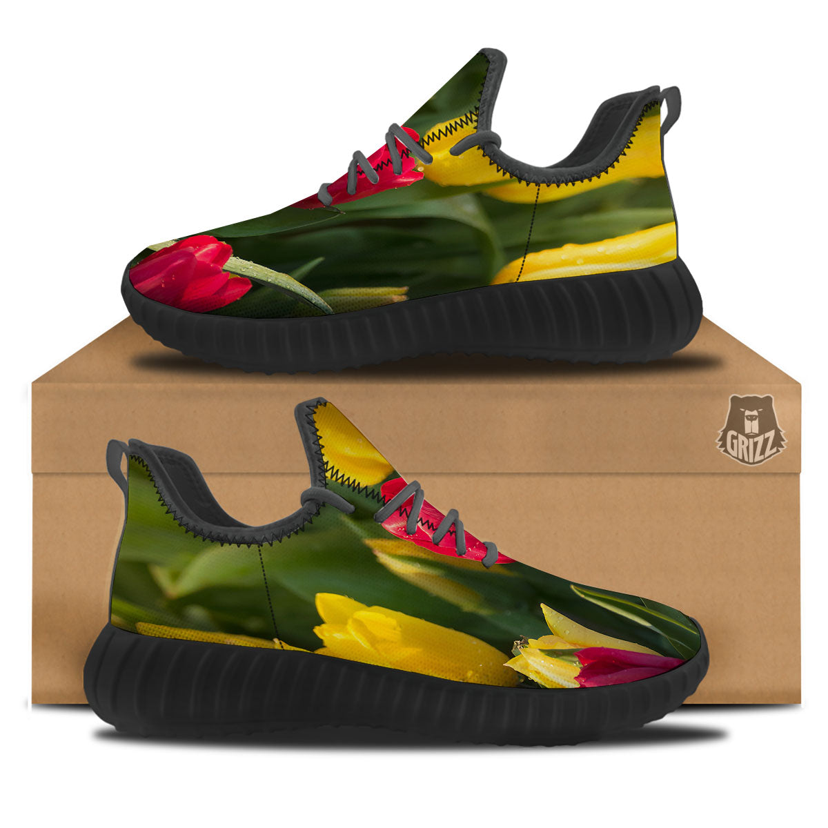 Tulip Yellow And Red Print Black Walking Shoes-grizzshop