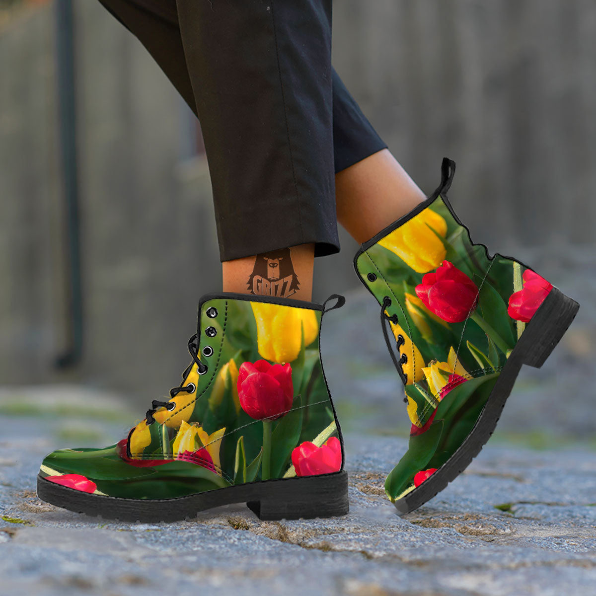 Tulip Yellow And Red Print Leather Boots-grizzshop