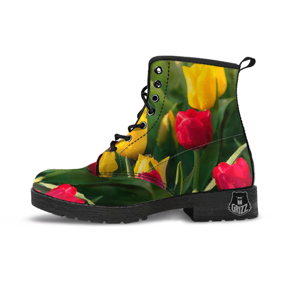 Tulip Yellow And Red Print Leather Boots-grizzshop