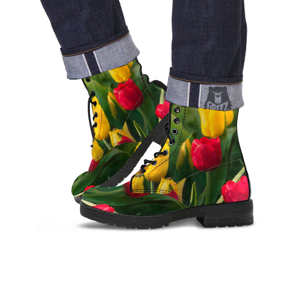 Tulip Yellow And Red Print Leather Boots-grizzshop