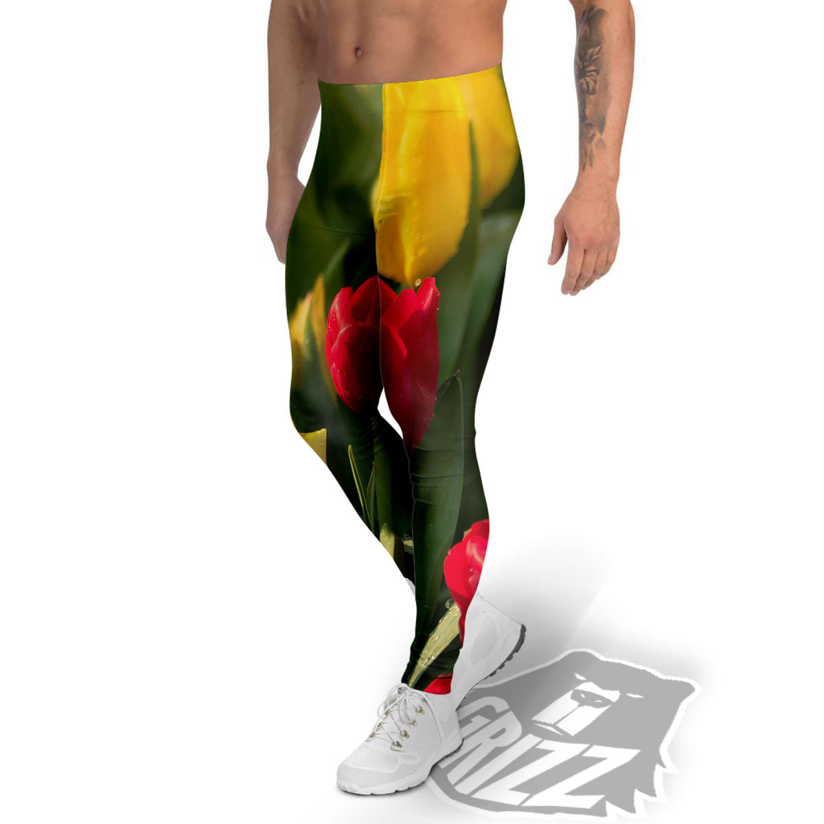 Tulip Yellow And Red Print Men's Leggings-grizzshop