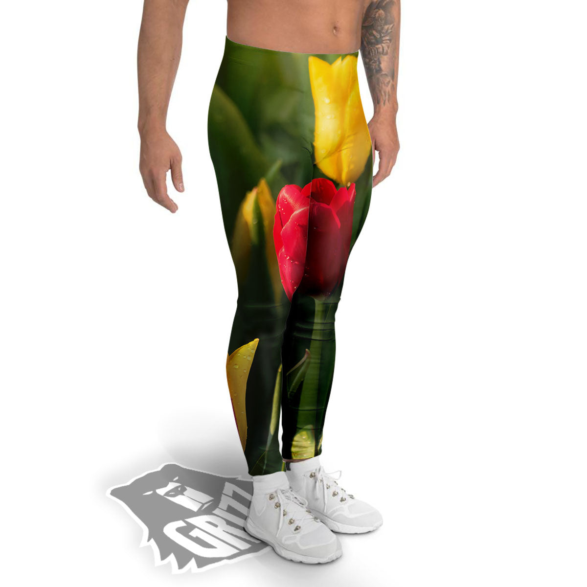 Tulip Yellow And Red Print Men's Leggings-grizzshop