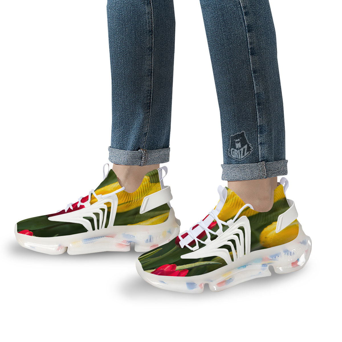 Tulip Yellow And Red Print White Gym Shoes-grizzshop
