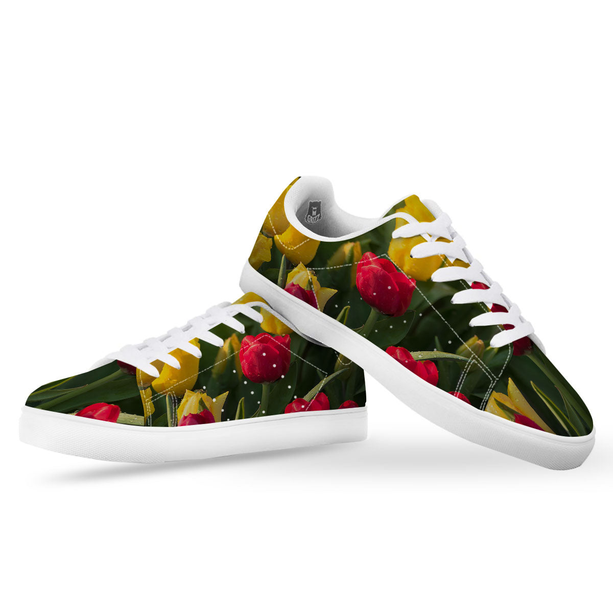 Tulip Yellow And Red Print White Low Top Sneakers-grizzshop