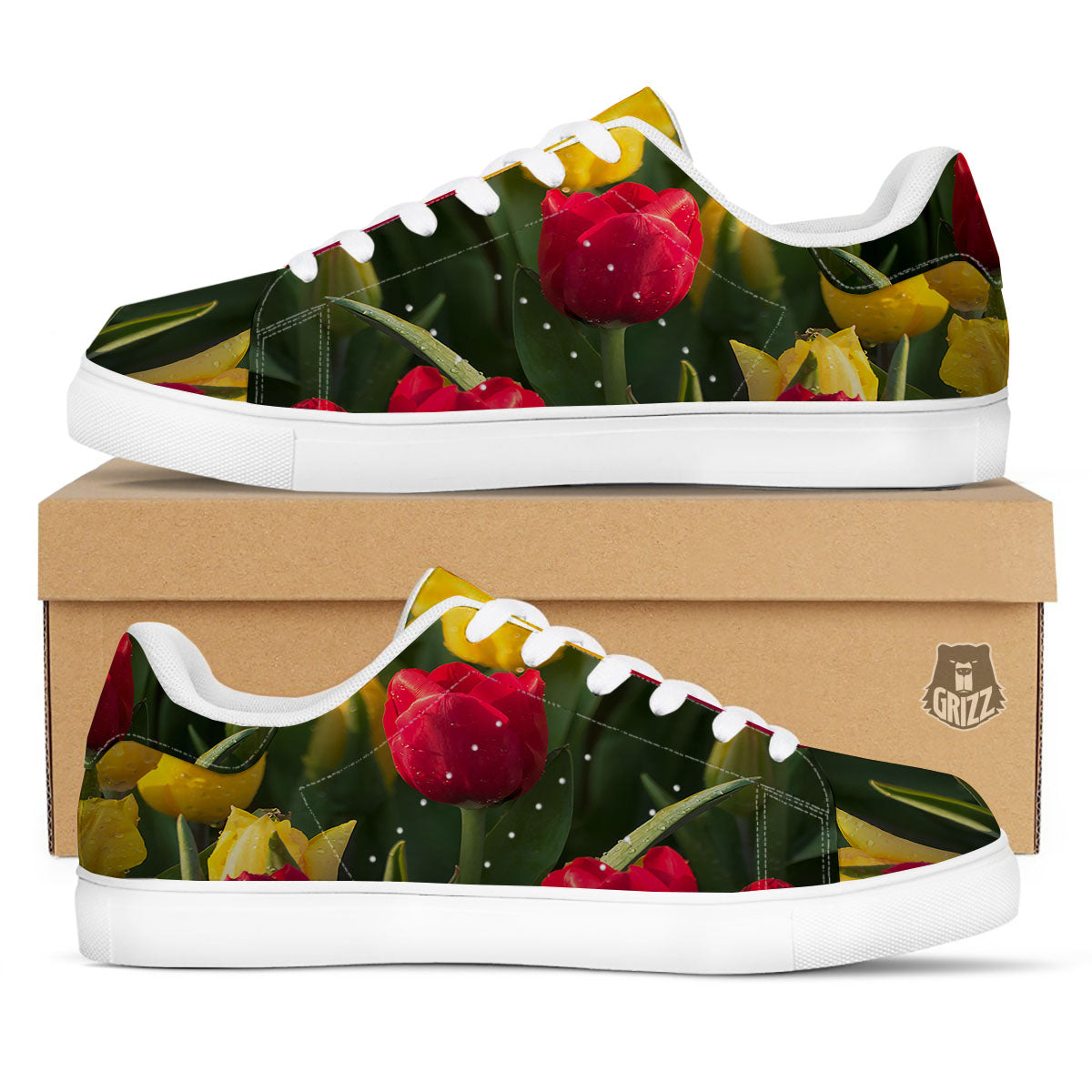 Tulip Yellow And Red Print White Low Top Sneakers-grizzshop