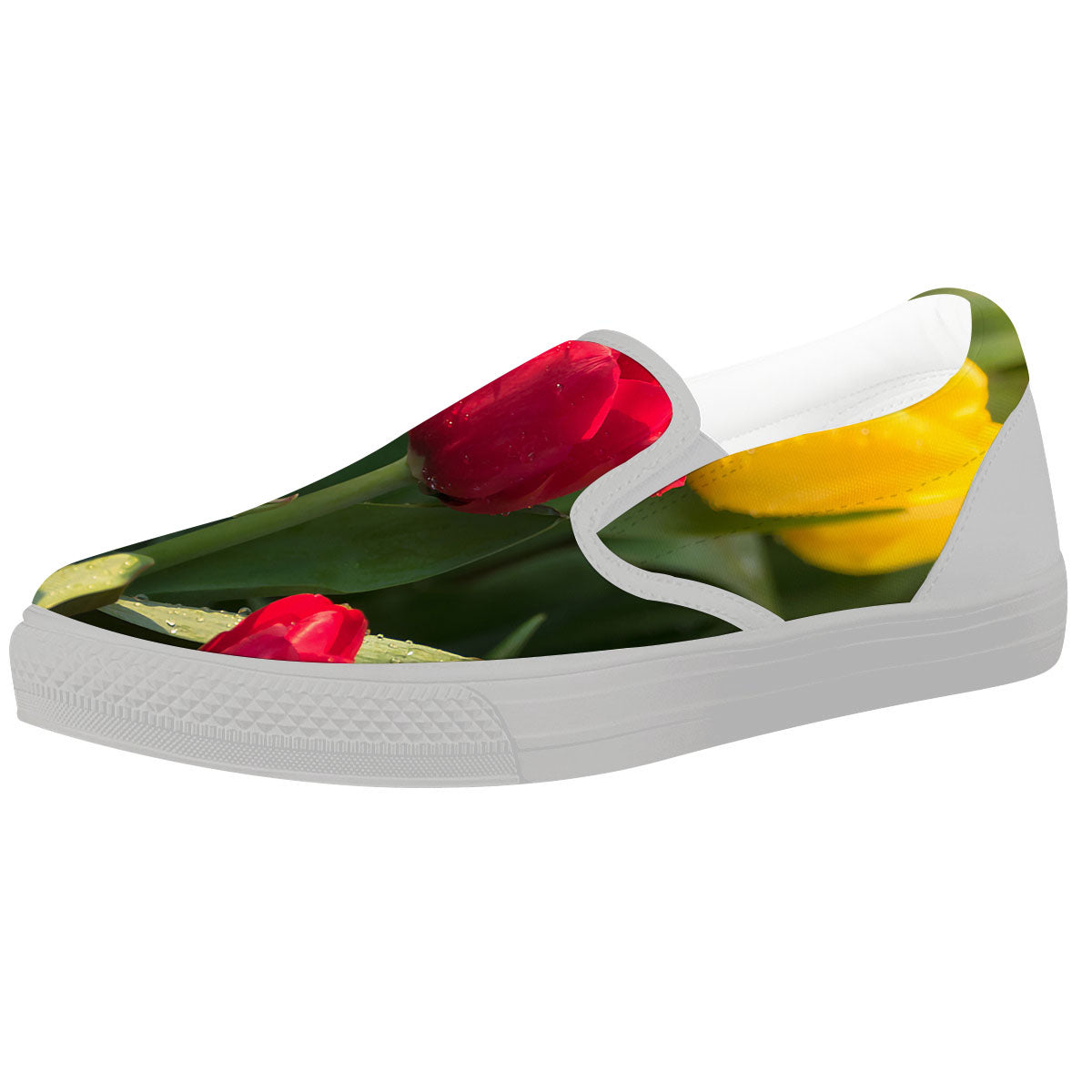 Tulip Yellow And Red Print White Slip On Shoes-grizzshop