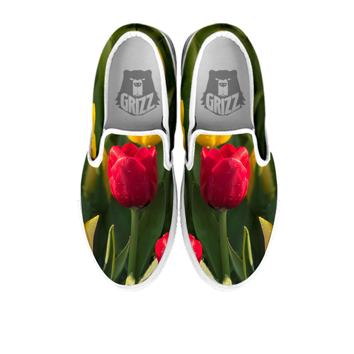 Tulip Yellow And Red Print White Slip On Shoes-grizzshop
