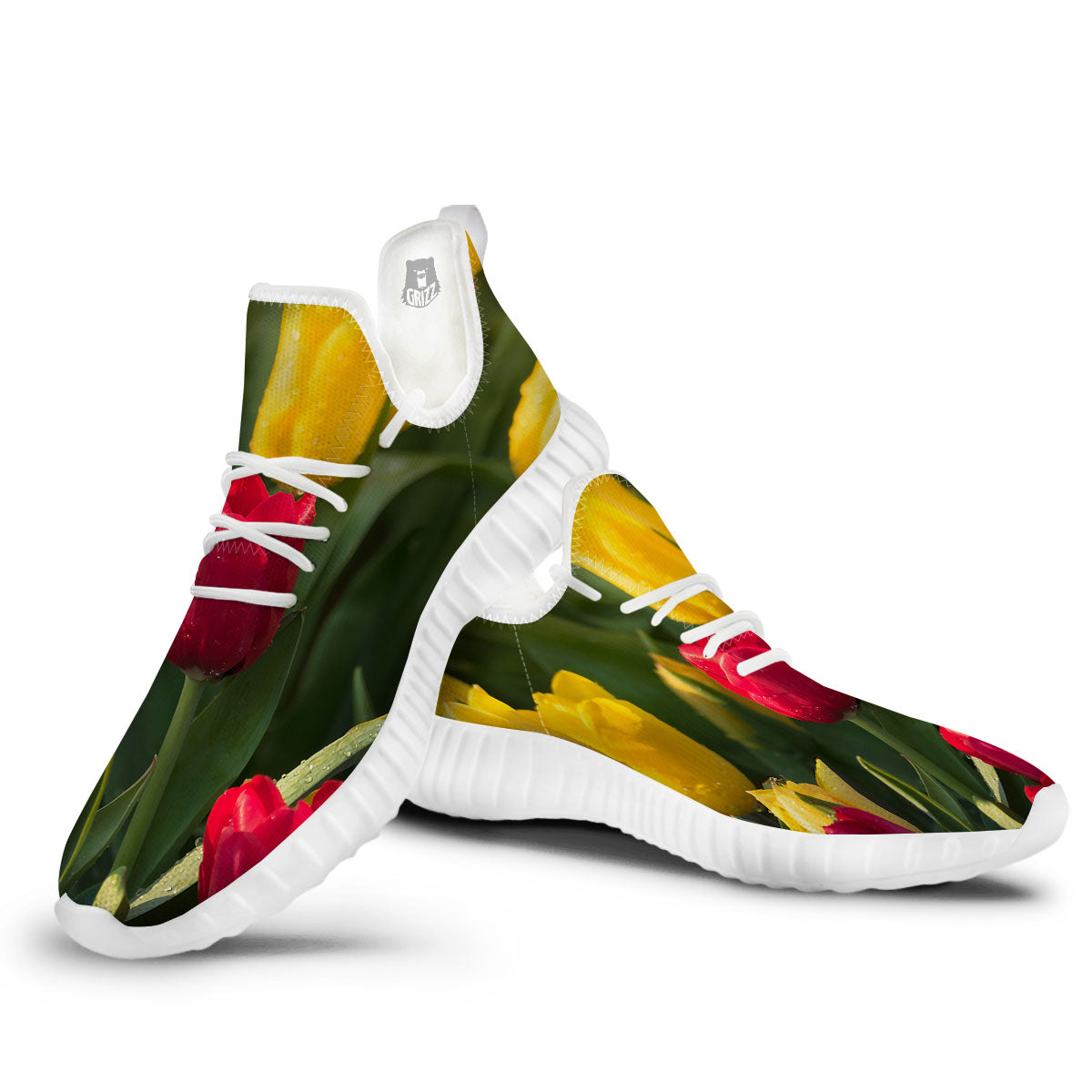 Tulip Yellow And Red Print White Walking Shoes-grizzshop