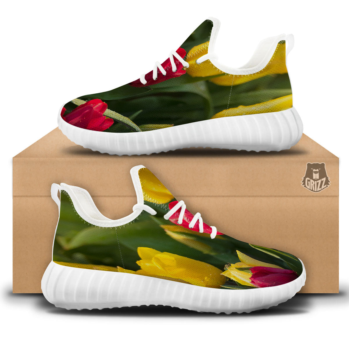 Tulip Yellow And Red Print White Walking Shoes-grizzshop