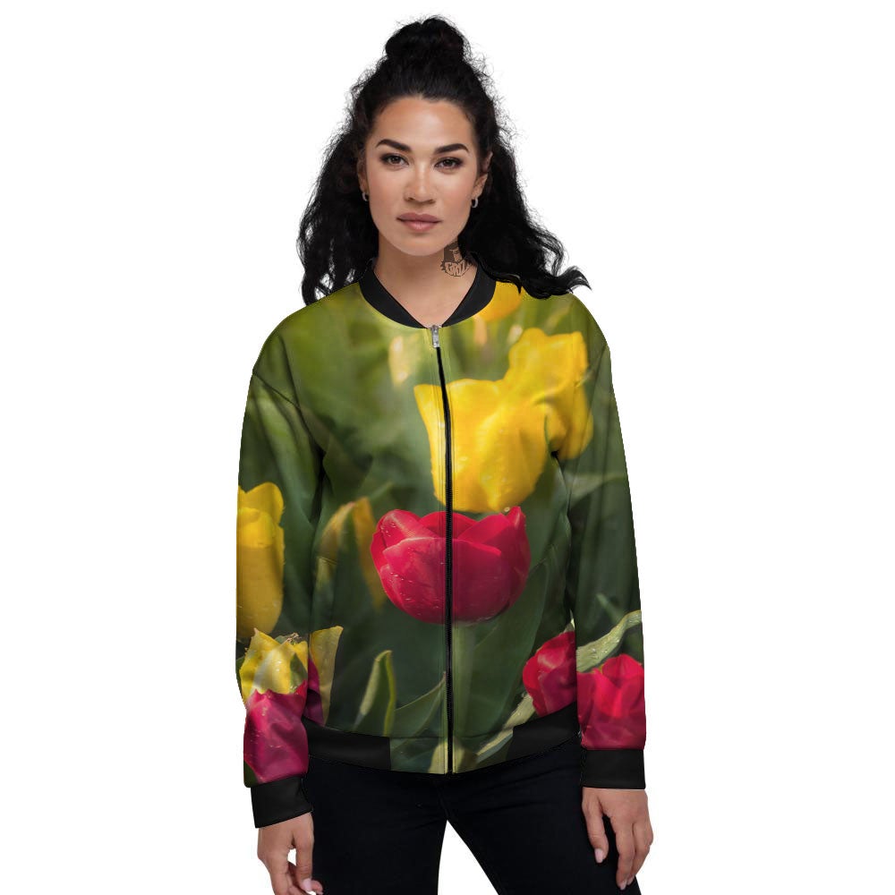 Tulip Yellow And Red Print Women's Bomber Jacket-grizzshop