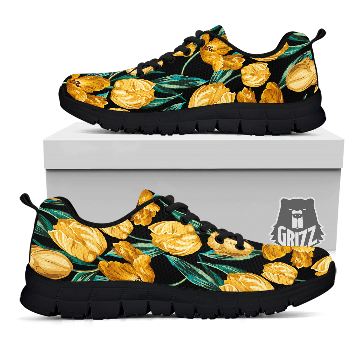 Tulip Yellow Print Pattern Black Sneaker-grizzshop