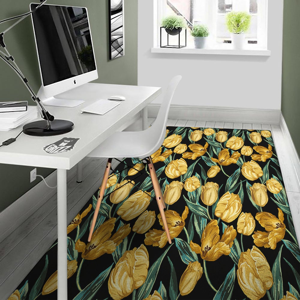 Tulip Yellow Print Pattern Floor Mat-grizzshop