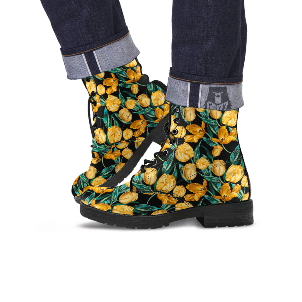 Tulip Yellow Print Pattern Leather Boots-grizzshop