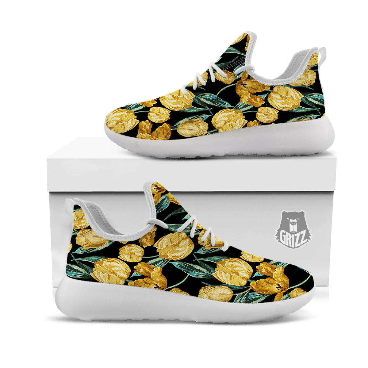 Tulip Yellow Print Pattern White Athletic Shoes-grizzshop