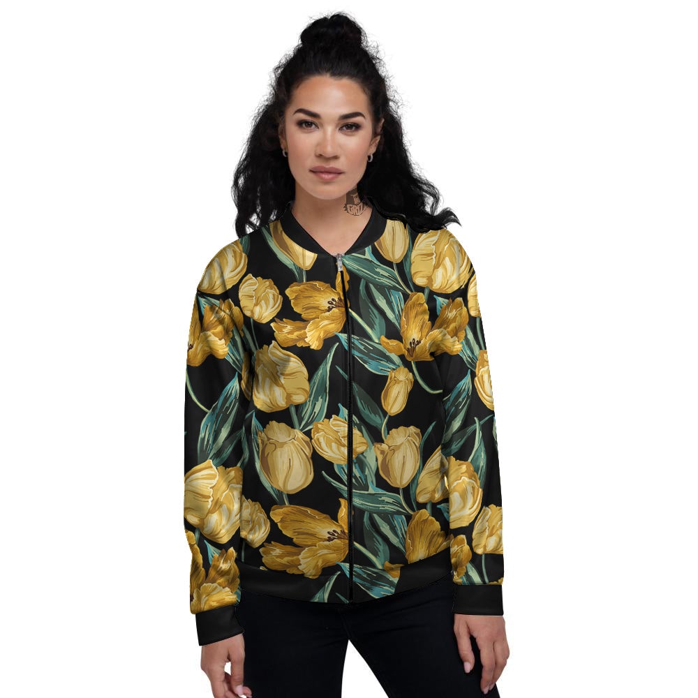 Tulip Yellow Print Pattern Women's Bomber Jacket-grizzshop